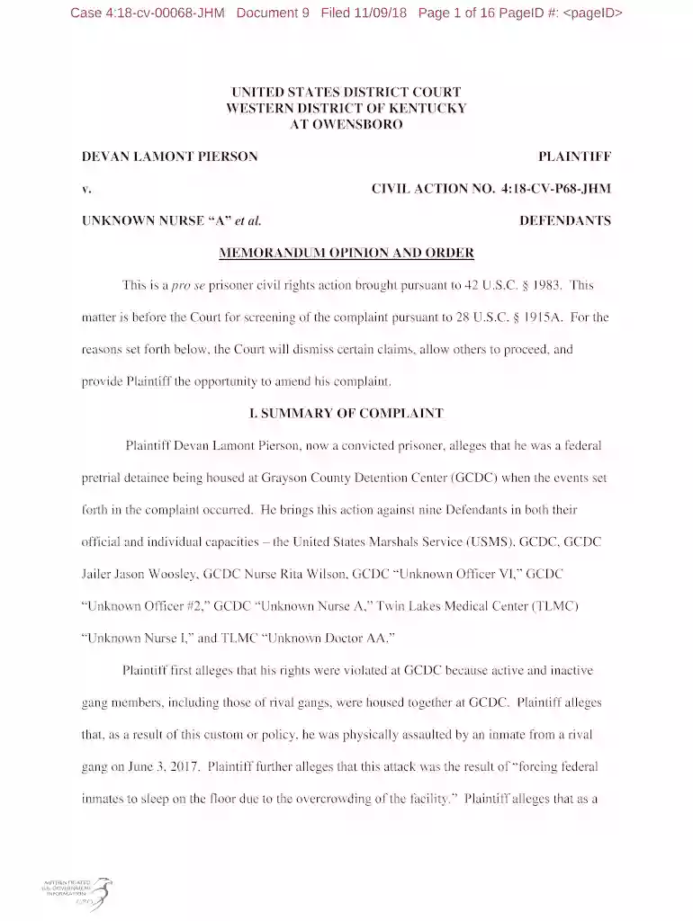 Case 4:18-cv-00068-JHM Document 9 Filed 11 09 18 Page 1 of 16 PageID #: Preview on Page 1