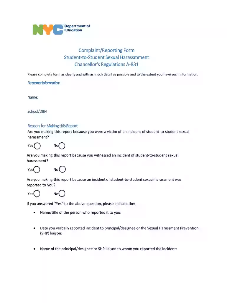 COMPLAINT REPORTING FORM Student-to-Student Sexual Harassment Chancellor's regulation A-831 Preview on Page 1