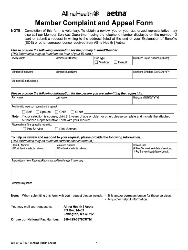 member appeal form Preview on Page 1