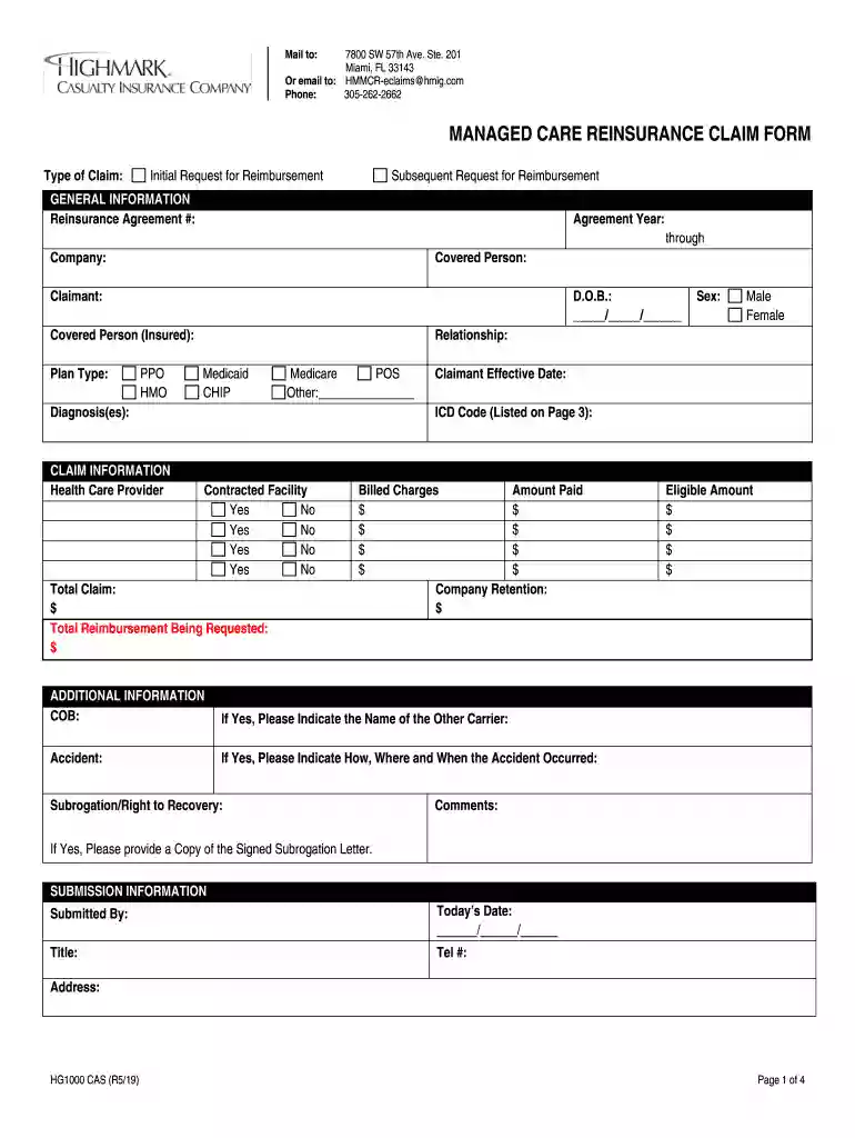 MANAGED CARE REINSURANCE CLAIM FORM Preview on Page 1