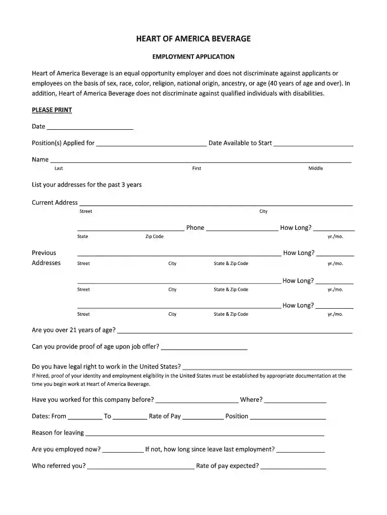Application for Employment - Heart of America Beverage Preview on Page 1