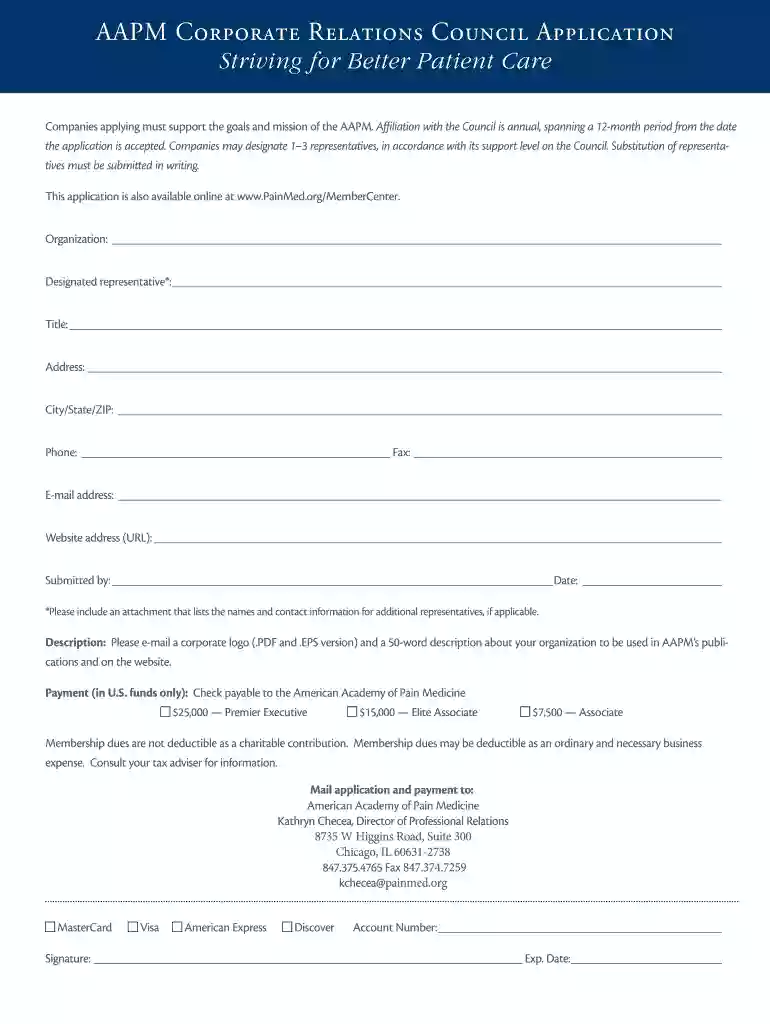 AAPM Corporate Relations Council Application Preview on Page 1