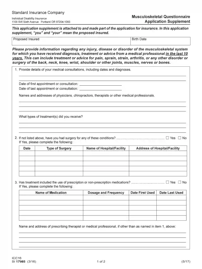 MusculoSkeletal Questionnaire Application Supplement - Individual Disability - ICC16, 17985 Preview on Page 1