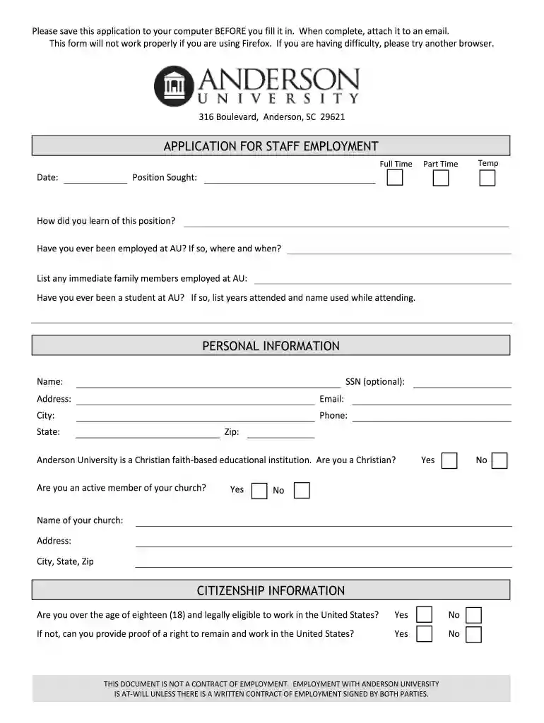 anderson application staff form Preview on Page 1