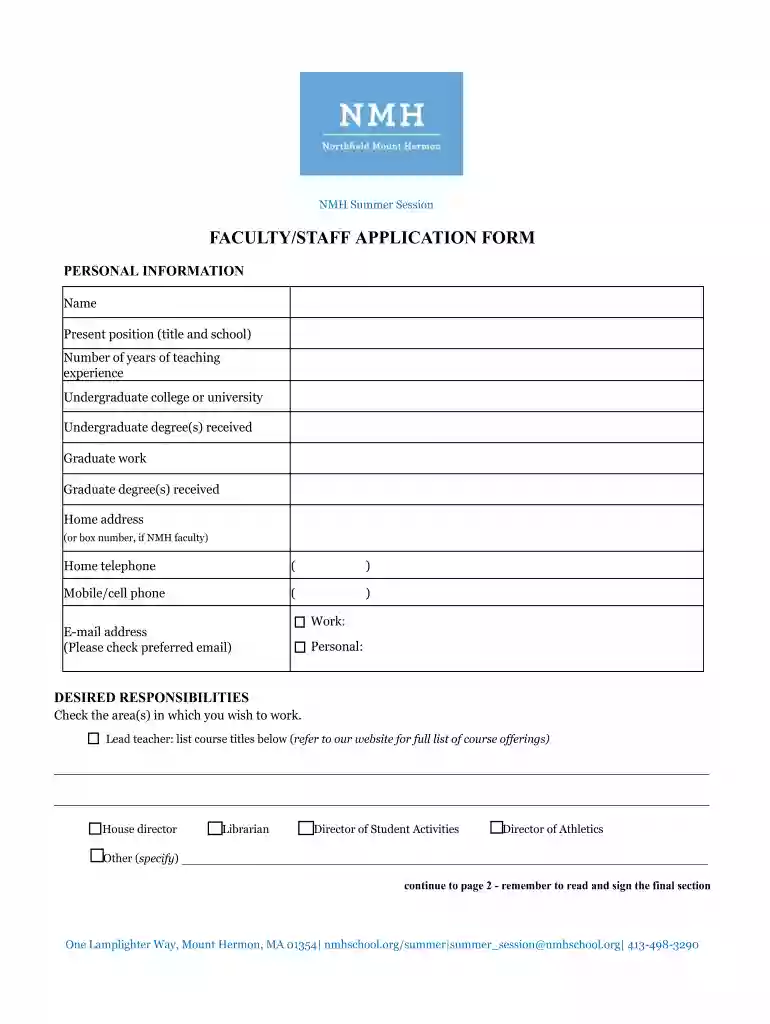 FACULTY STAFF APPLICATION FORM - Northfield Mount Hermon Preview on Page 1
