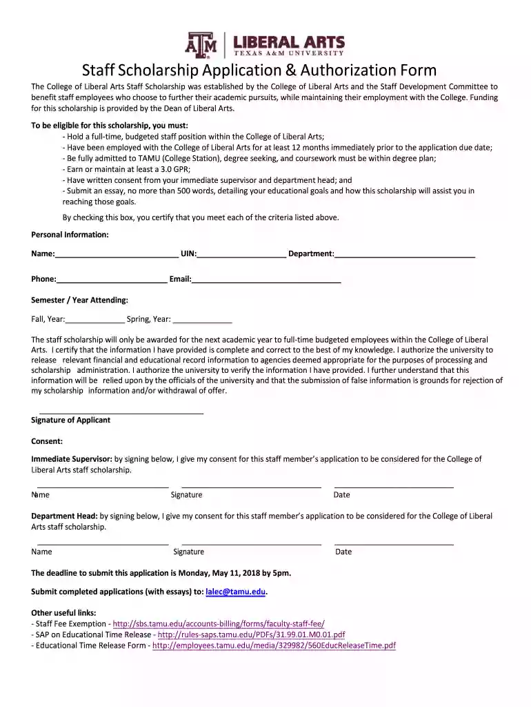 CLLA Staff Scholarship Form - Texas AandM University Preview on Page 1
