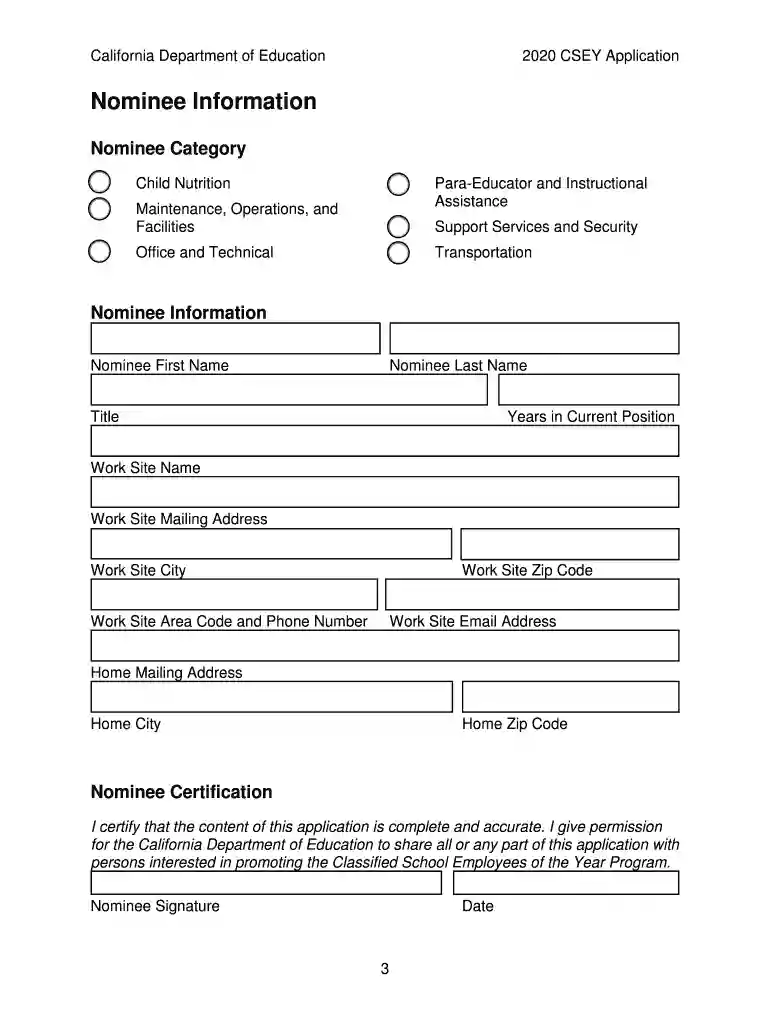 CSEY Application - Classified School Employees of the Year(CA Department of Education) Form used to Preview on Page 1