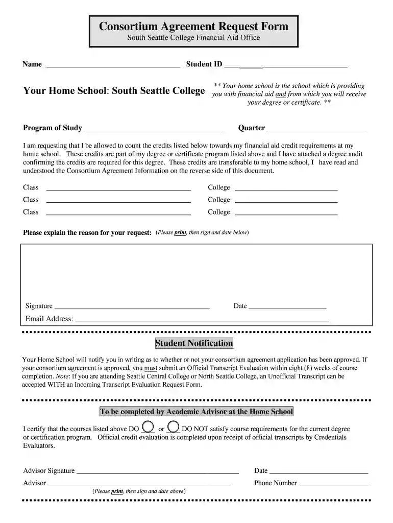 Consor tium Agreement Request Form S - South Seattle College Preview on Page 1
