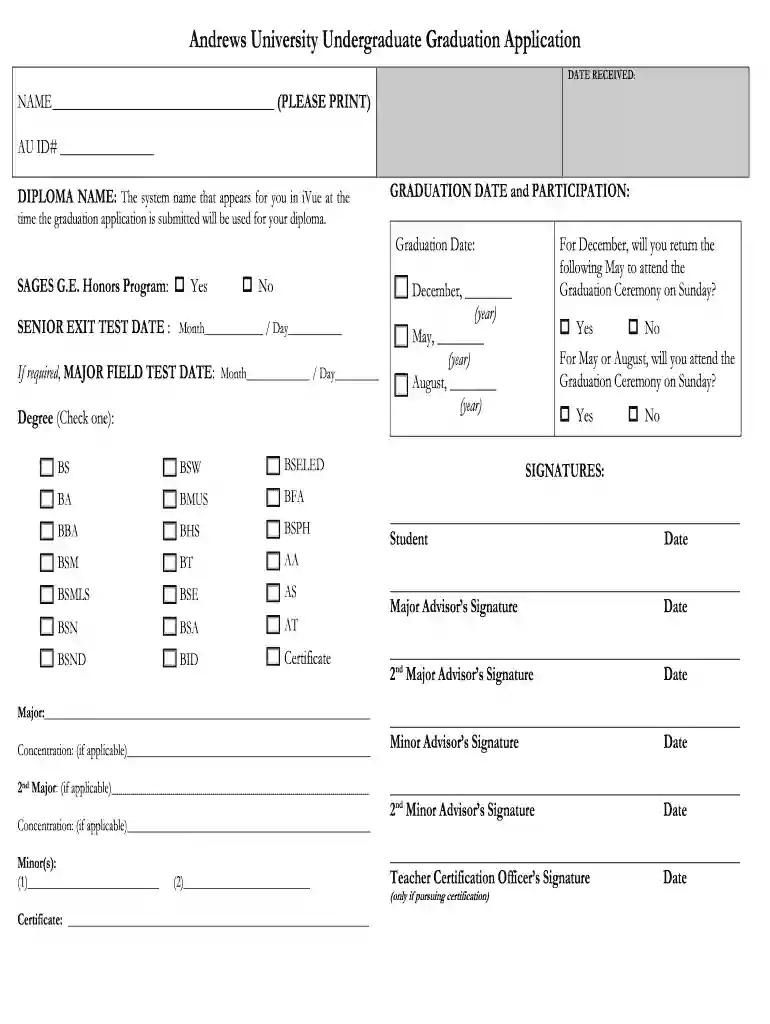 andrews graduation application form Preview on Page 1