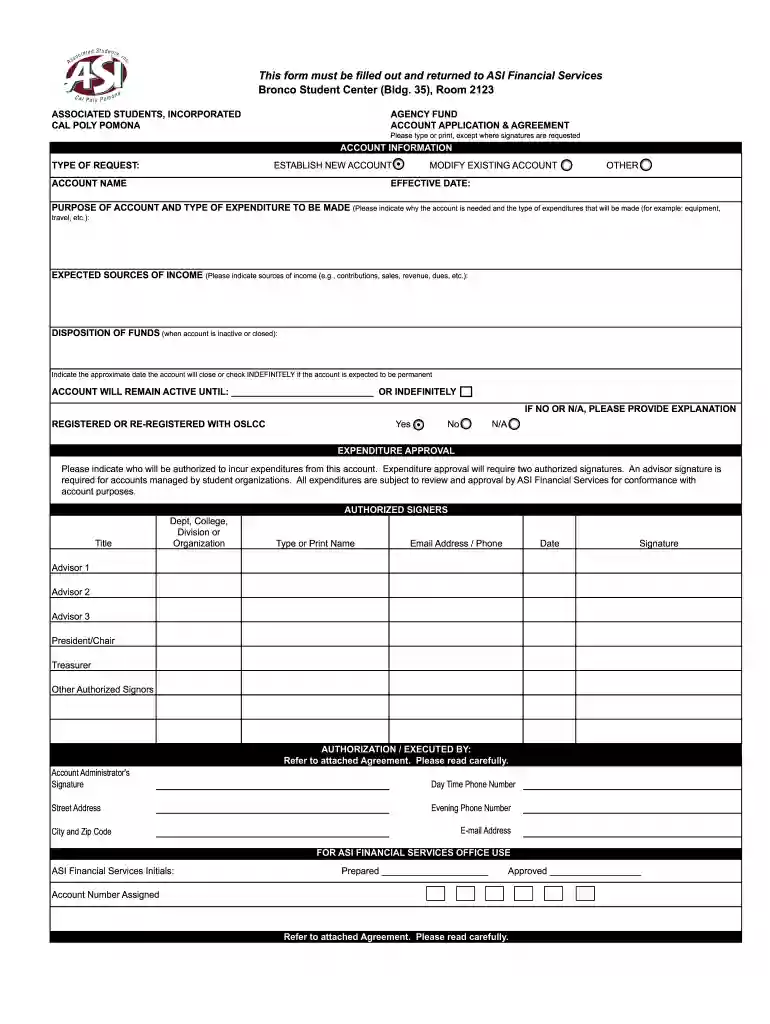 Fillable Online Agency Fund Account bApplicationb and Agreement Preview on Page 1