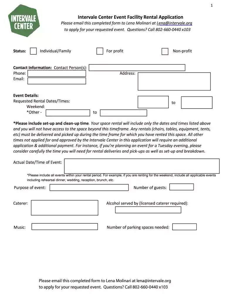 Intervale Center Event Facility Rental Application Preview on Page 1