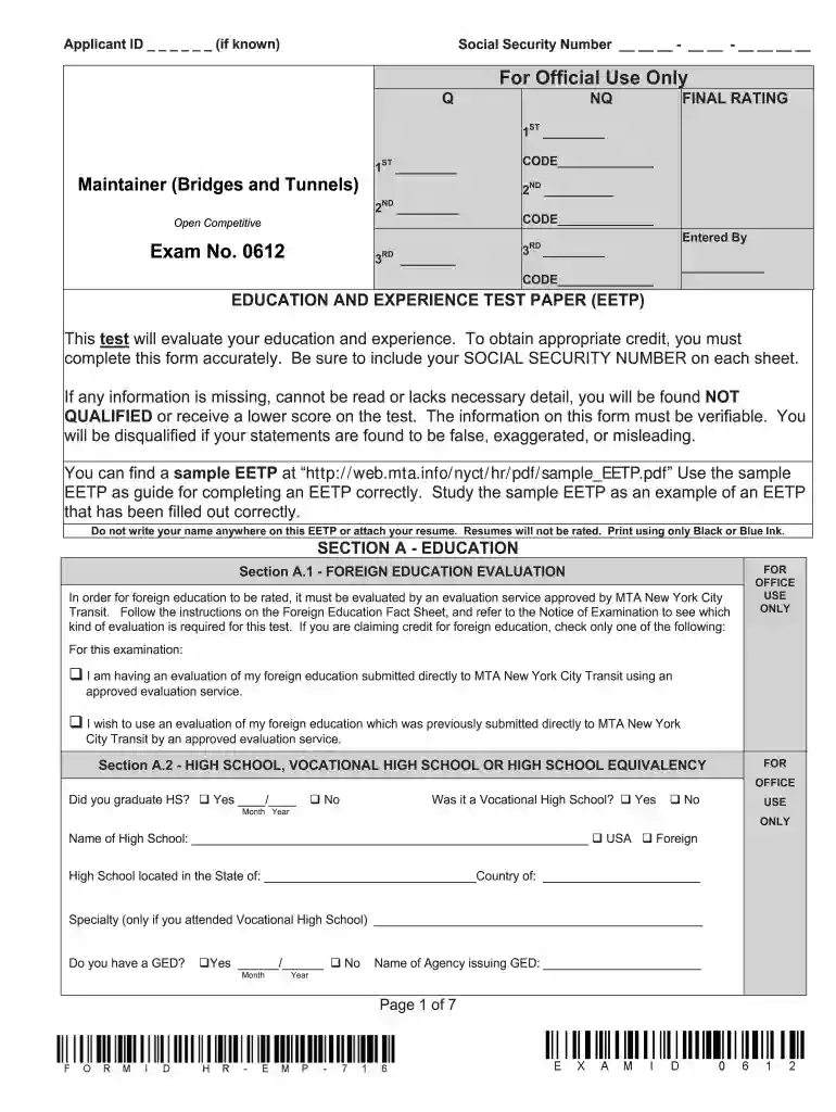 Maintainer (Bridges and Tunnels), Exam No Preview on Page 1