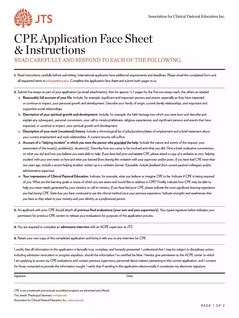 CPE Application Face Sheet & Instructions - Jewish Preview on Page 1