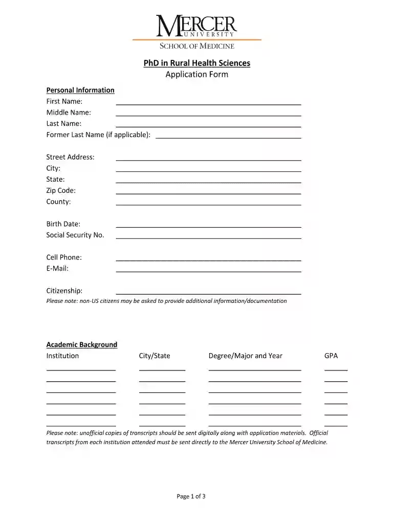 PhD in Rural Health Sciences Application Form - Mercer Preview on Page 1