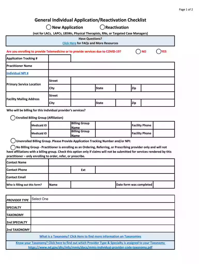 North Dakota Medicaid Individual Provider Application Preview on Page 1