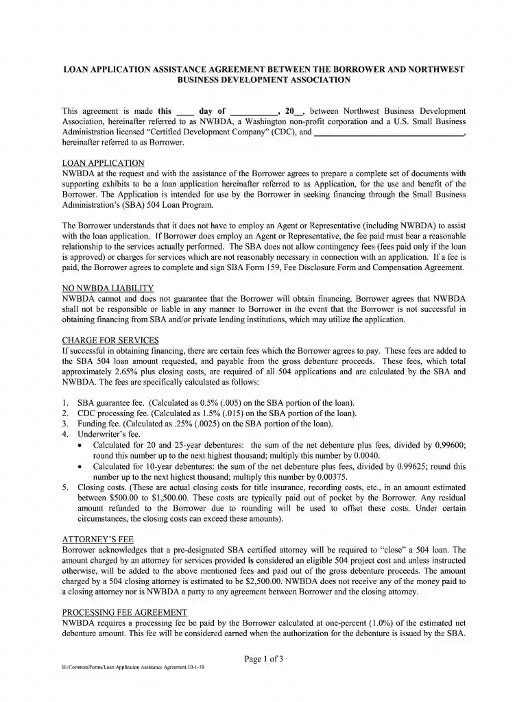 LOAN APPLICATION ASSISTANCE AGREEMENT BETWEEN THE BORROWER AND NORTHWEST BUSINESS DEVELOPMENT COMPAN Preview on Page 1