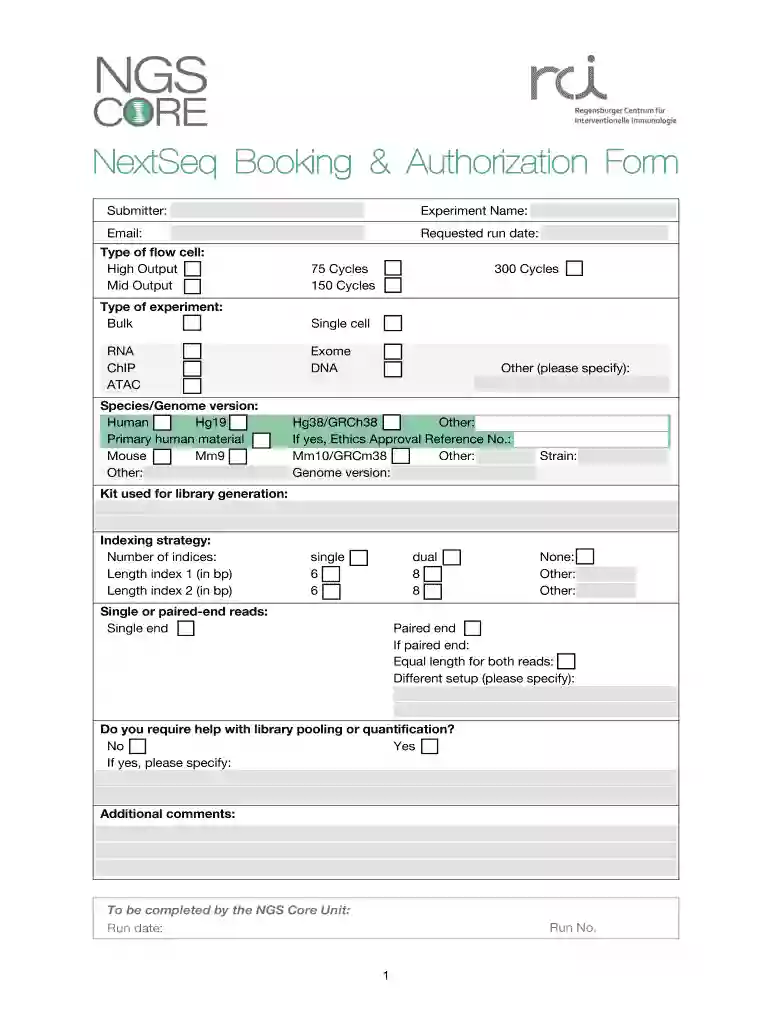 Booking sheet for the NextSeq 550 - Form docx Preview on Page 1