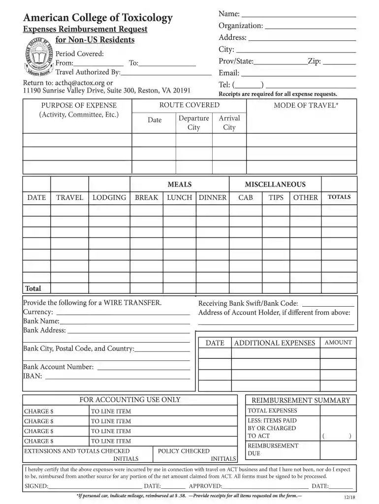 Expense Form for Non-US Residents - American College of Preview on Page 1