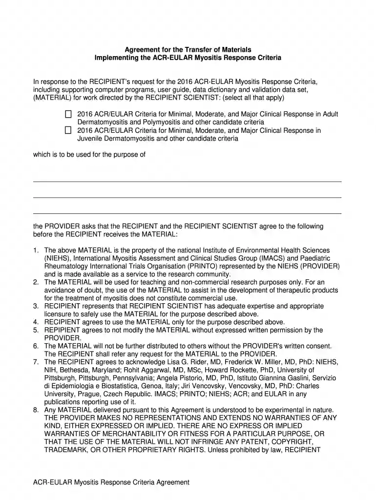 Agreement for the Transfer of Materials Implementing the ACR-EULAR Myositis Response Criteria Agreem Preview on Page 1