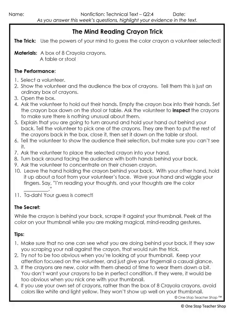 the mind reading crayon trick answer key Preview on Page 1