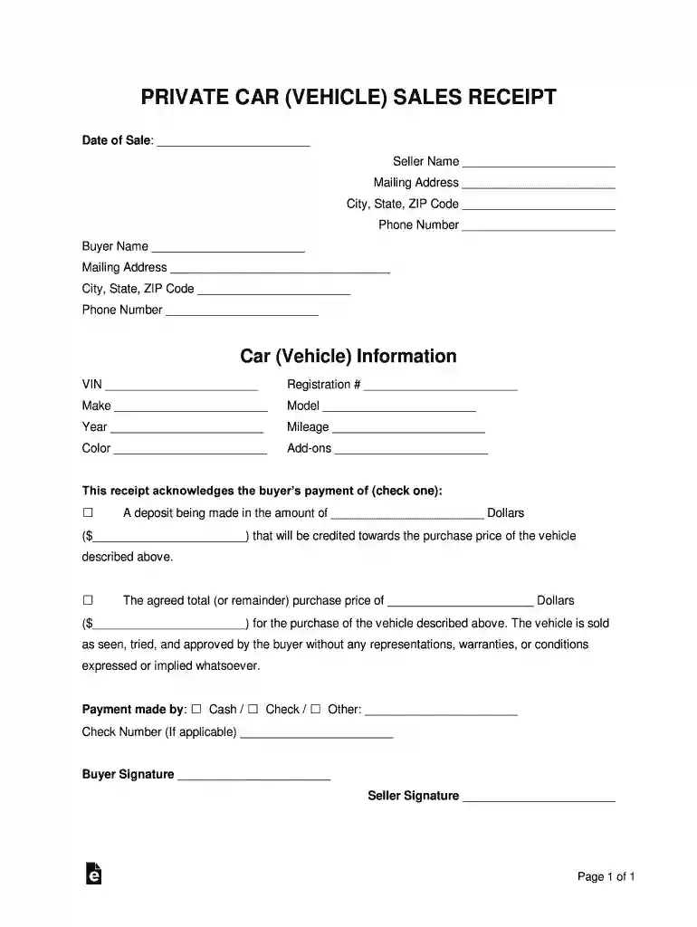private car vehicle sales receipt Preview on Page 1