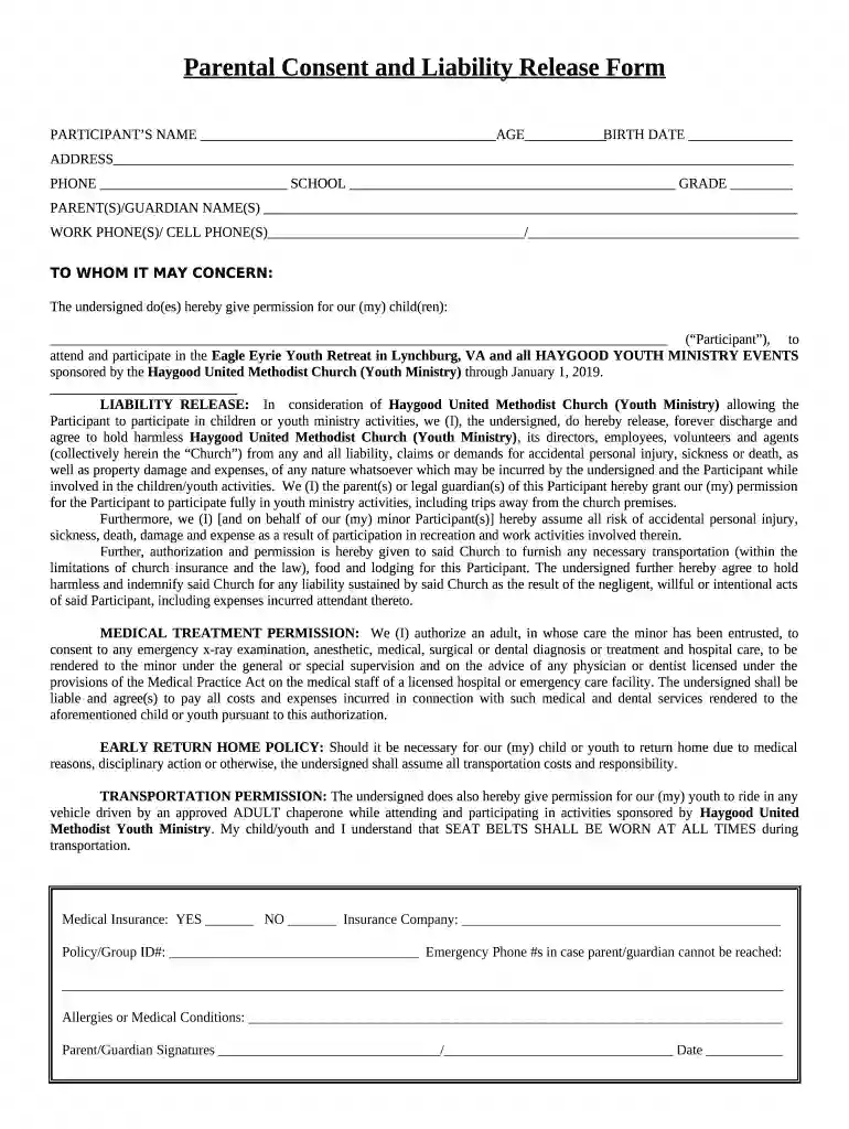 youth parental release form Preview on Page 1
