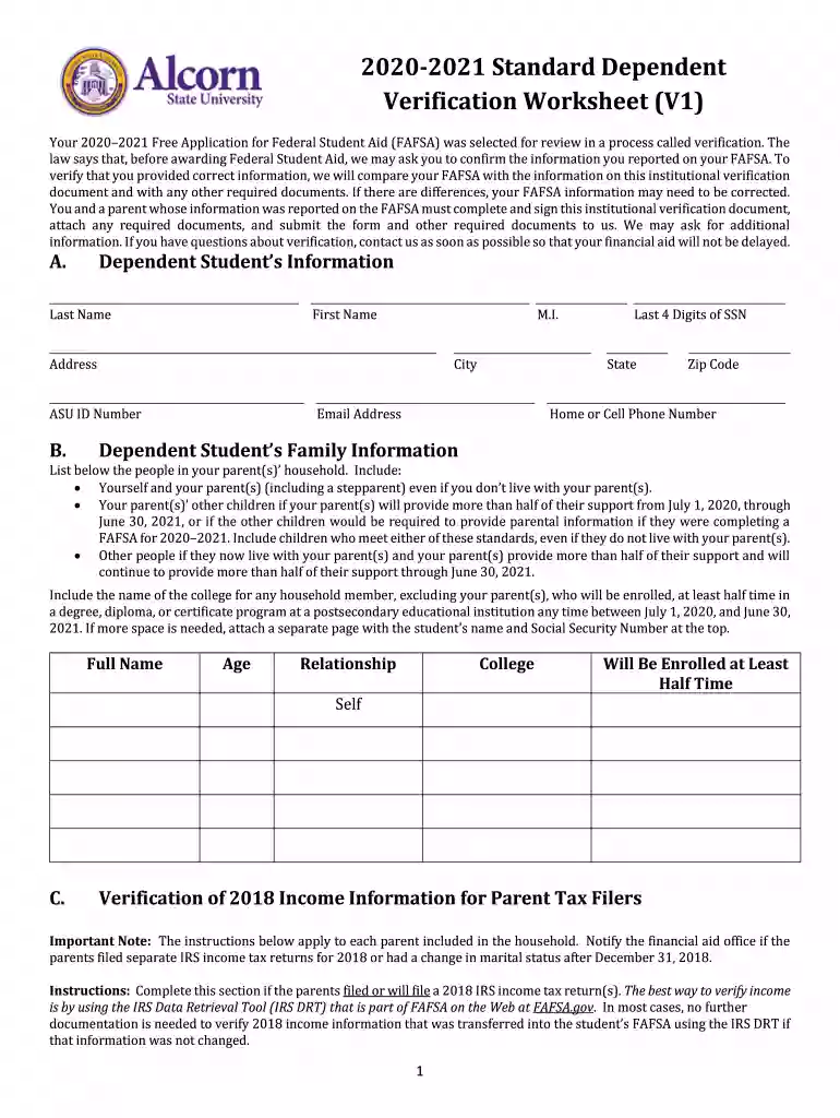 2020-2021 Standard Verification Worksheet Dependent Student Preview on Page 1