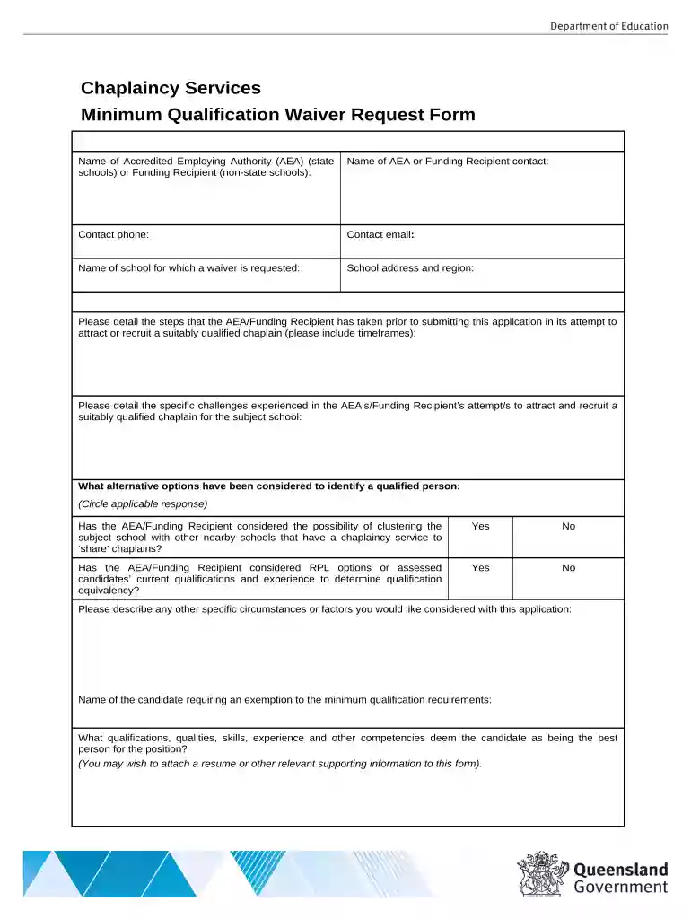 Chaplaincy minimum qualification waiver request form Preview on Page 1