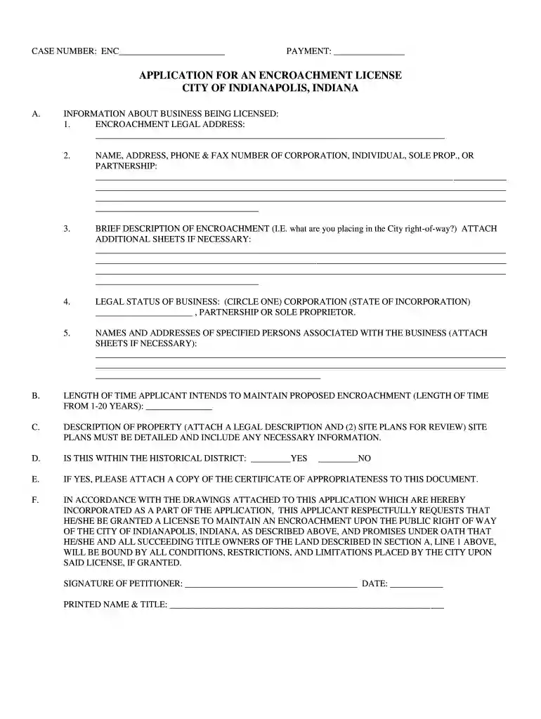 Encroachment License Application - City of Indianapolis - indygov Preview on Page 1