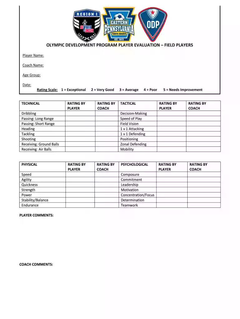 soccer player evaluation form Preview on Page 1