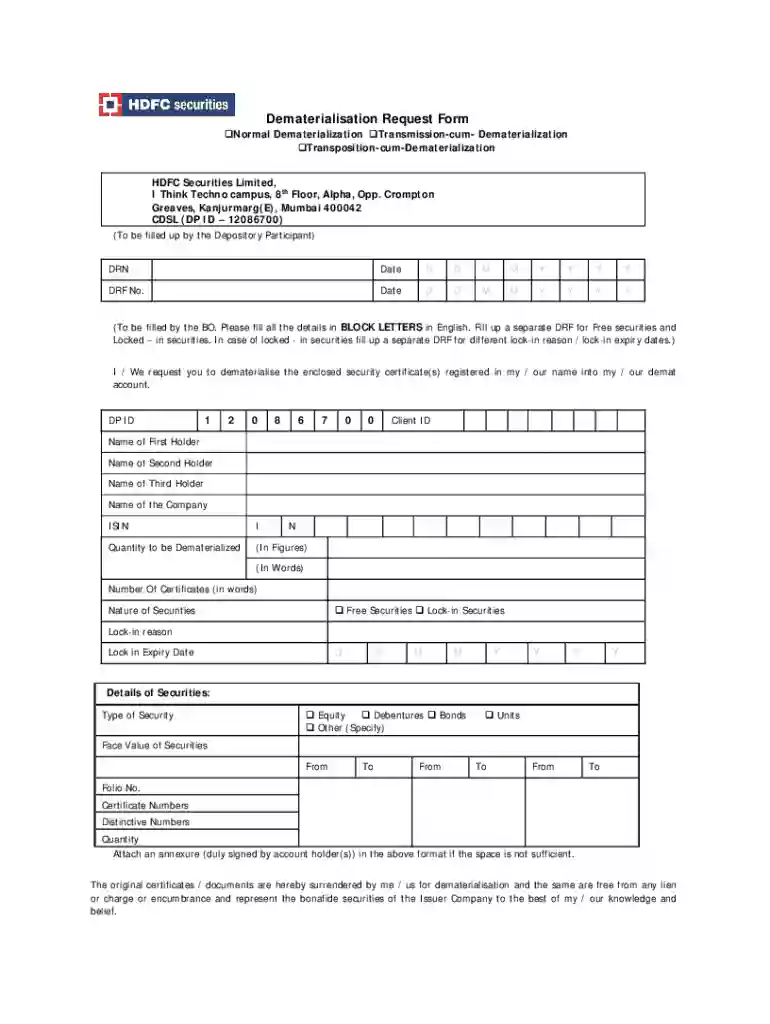 Dematerialisation Request Form Preview on Page 1