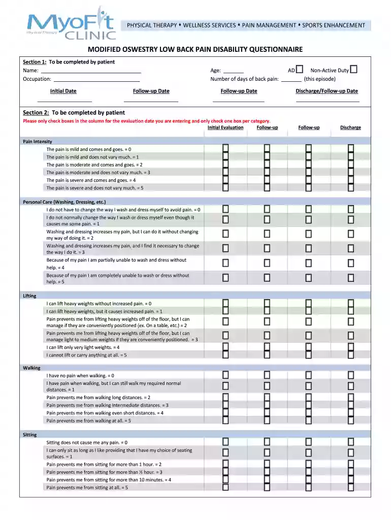 MODIFIED OSWESTRY LOW BACK PAIN DISABILITY INDEX (ODI) Preview on Page 1