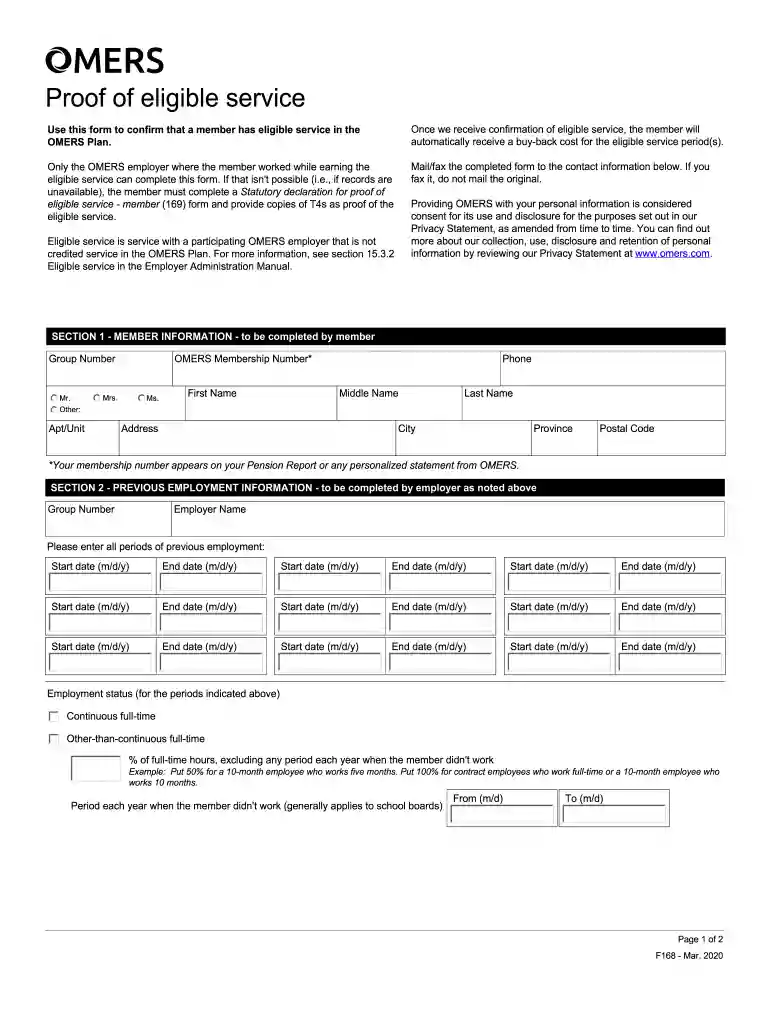 omers form 168 Preview on Page 1
