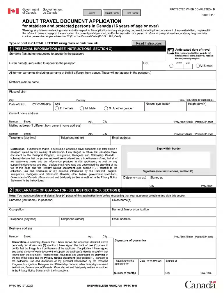 Adult Travel Document Application for Stateless and Protected Preview on Page 1