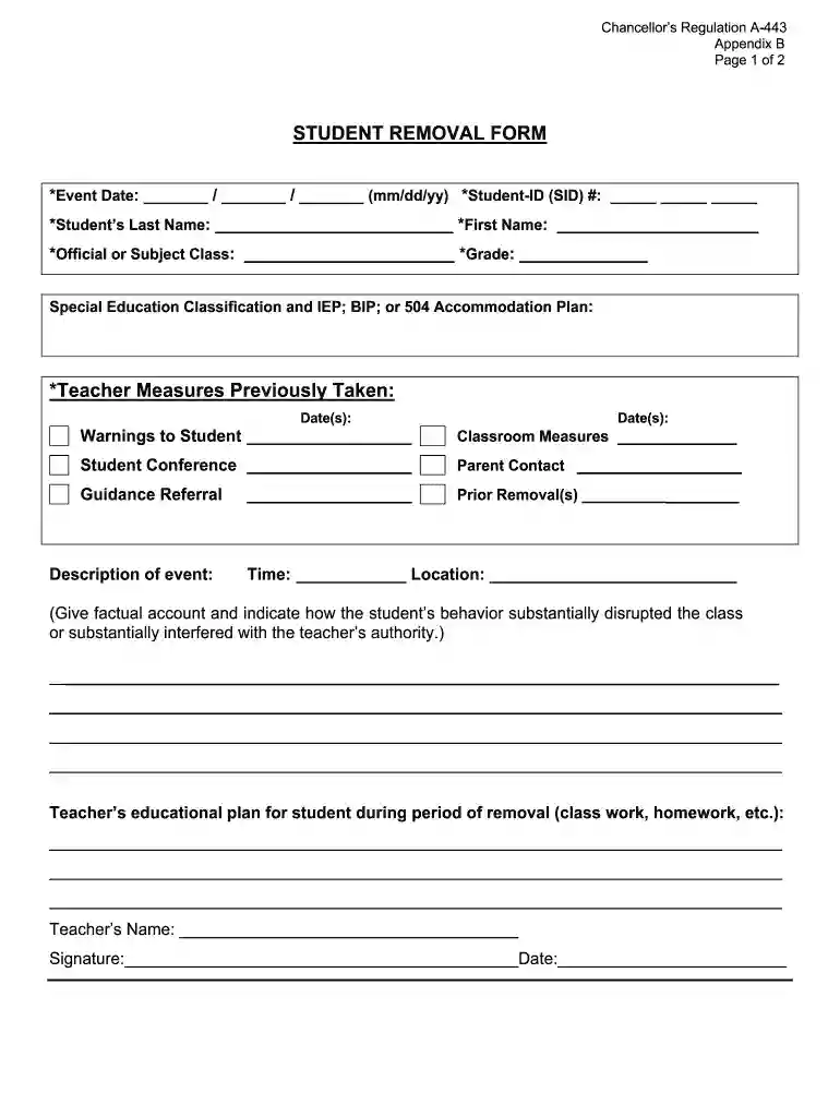 nyc doe student removal form Preview on Page 1