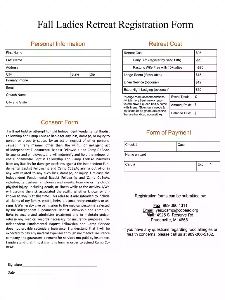 Fall Ladies Retreat Registration Form Preview on Page 1