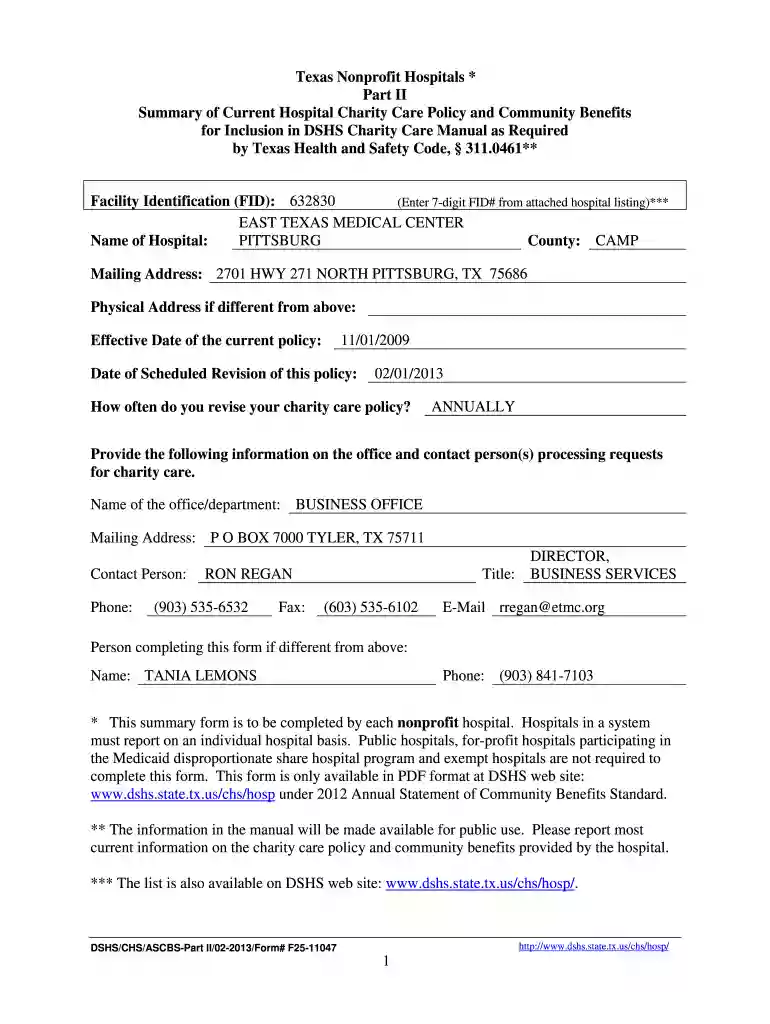 Texas Nonprofit Hospitals * for Inclusion in DSHS Charity Preview on Page 1