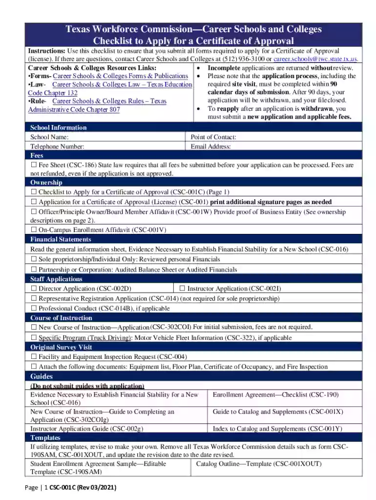 Texas Workforce CommissionCareer Schools and Colleges Checklist to Apply for a Certificate of Approv Preview on Page 1