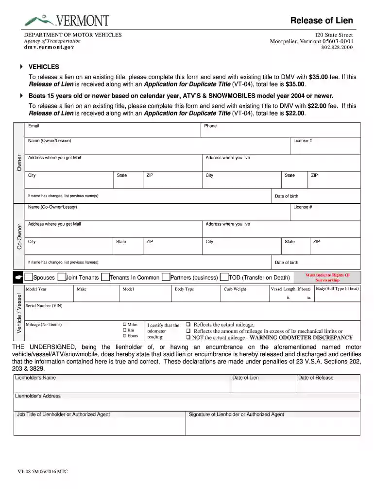 Release of Lien is received along with an Application for Duplicate Title (VT-04), total fee is $35 Preview on Page 1
