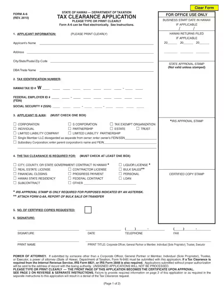 hawaii a6 form 2010 Preview on Page 1