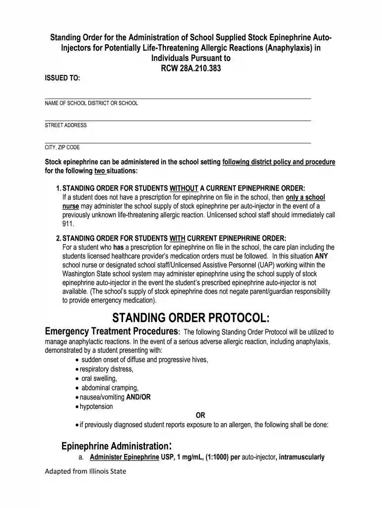 Standing Order for the Administration of School Supplied Stock Epinephrine Auto-Injectors for Potent Preview on Page 1