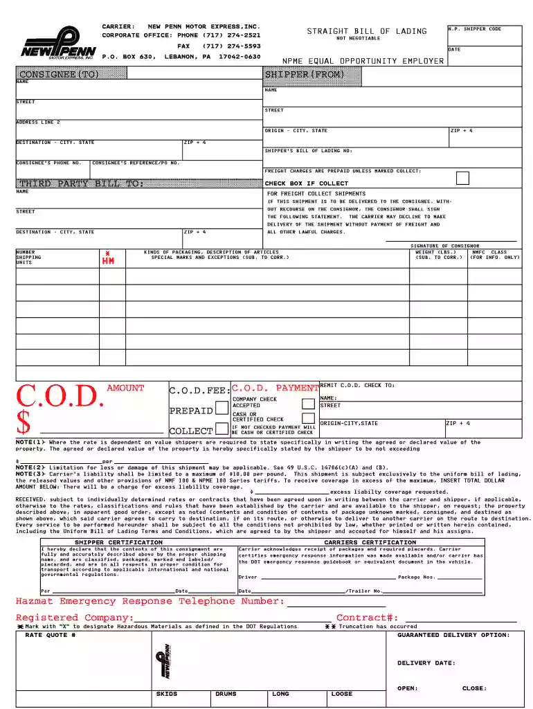 new penn bill of lading Preview on Page 1