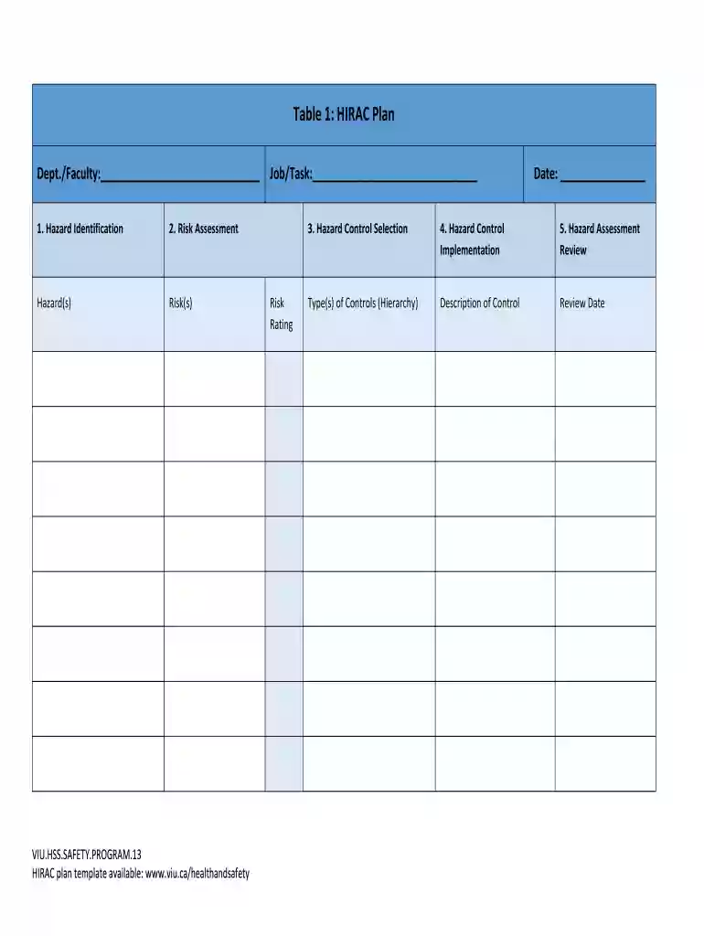 Hazard Identification, Risk Assessment and Control Plan template Preview on Page 1