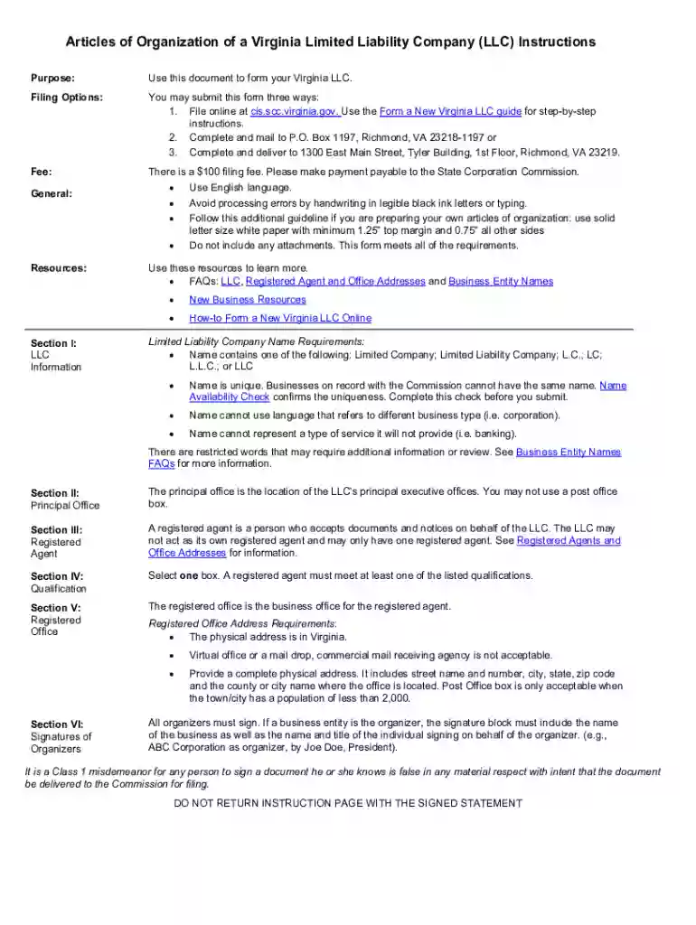 Articles of Organization of a Virginia Limited Liability Company Preview on Page 1