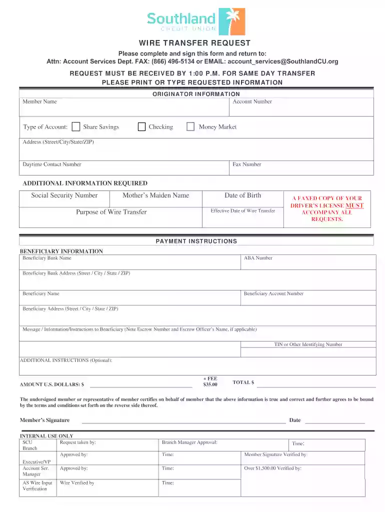 credit union wire transfer request Preview on Page 1
