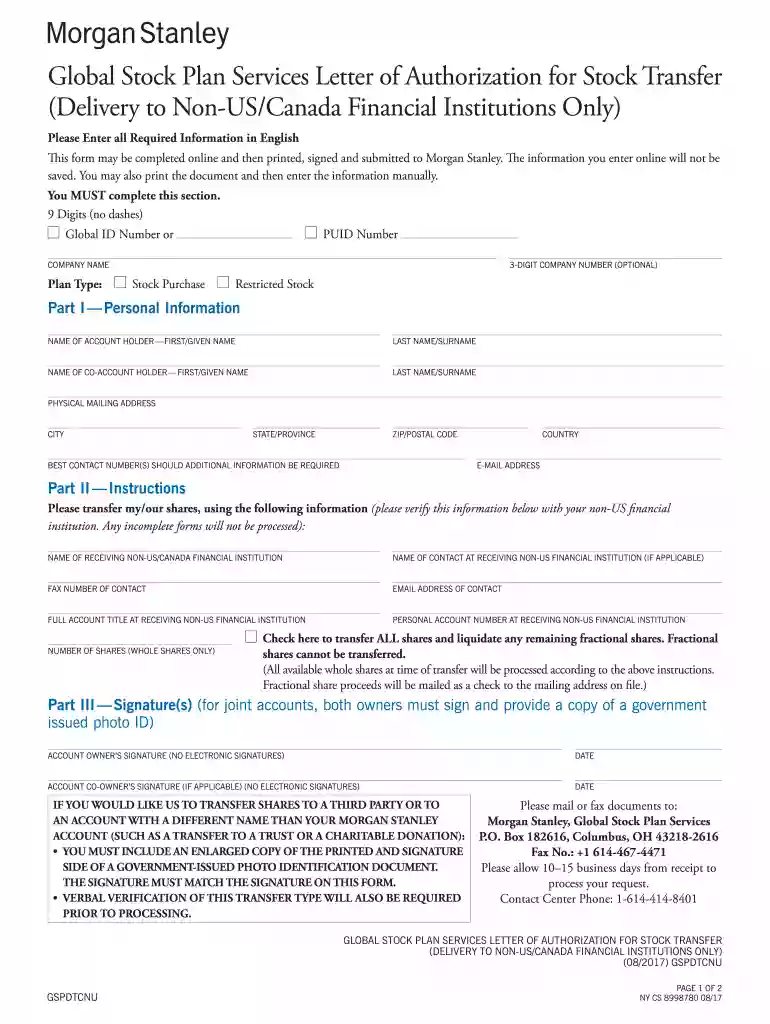 morgan stanley global stock plan services letter of authorization for stock transfer form Preview on Page 1