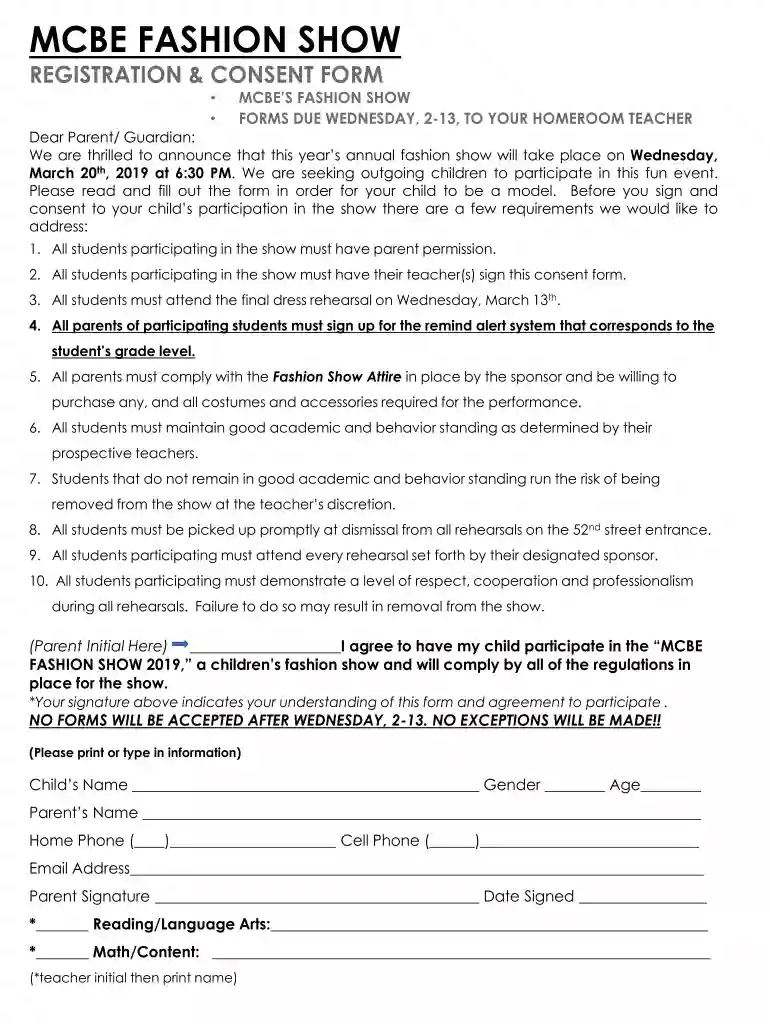 children's fashion show registration and consent form - Arts in Preview on Page 1