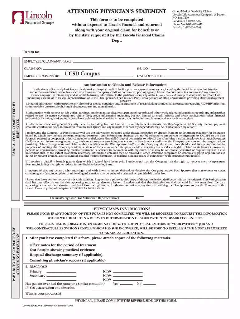 lincoln financial group short term disability claim form physician's statement Preview on Page 1