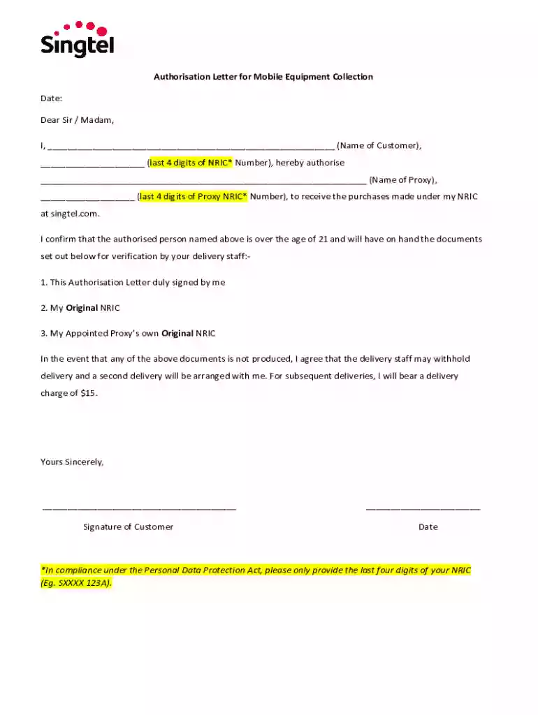 Authorisation Letter for Mobile Equipment Collection Preview on Page 1