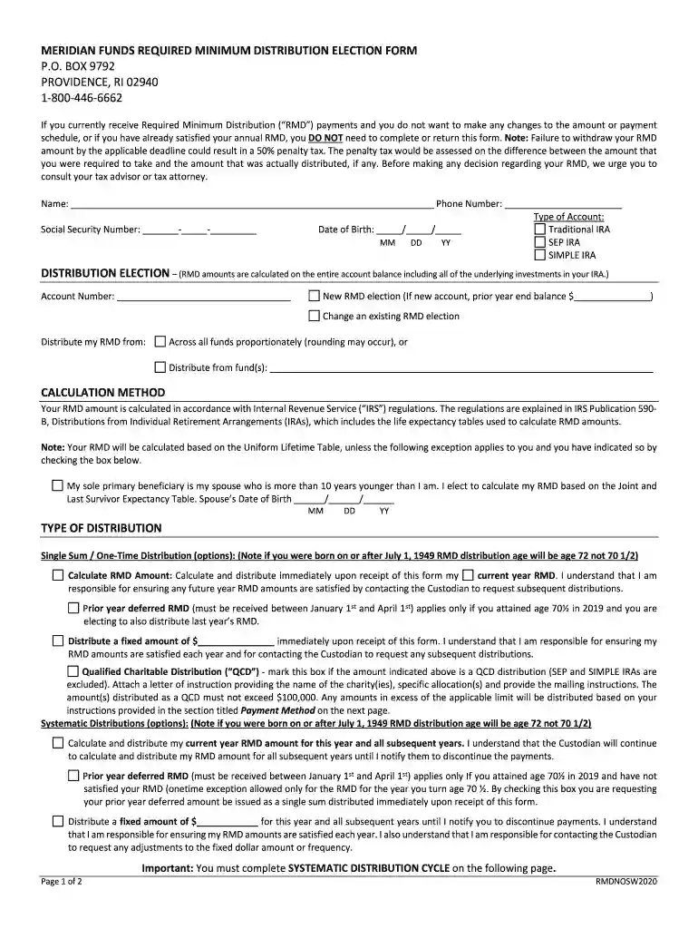 MERIDIAN FUNDS REQUIRED MINIMUM DISTRIBUTION ELECTION FORM Preview on Page 1